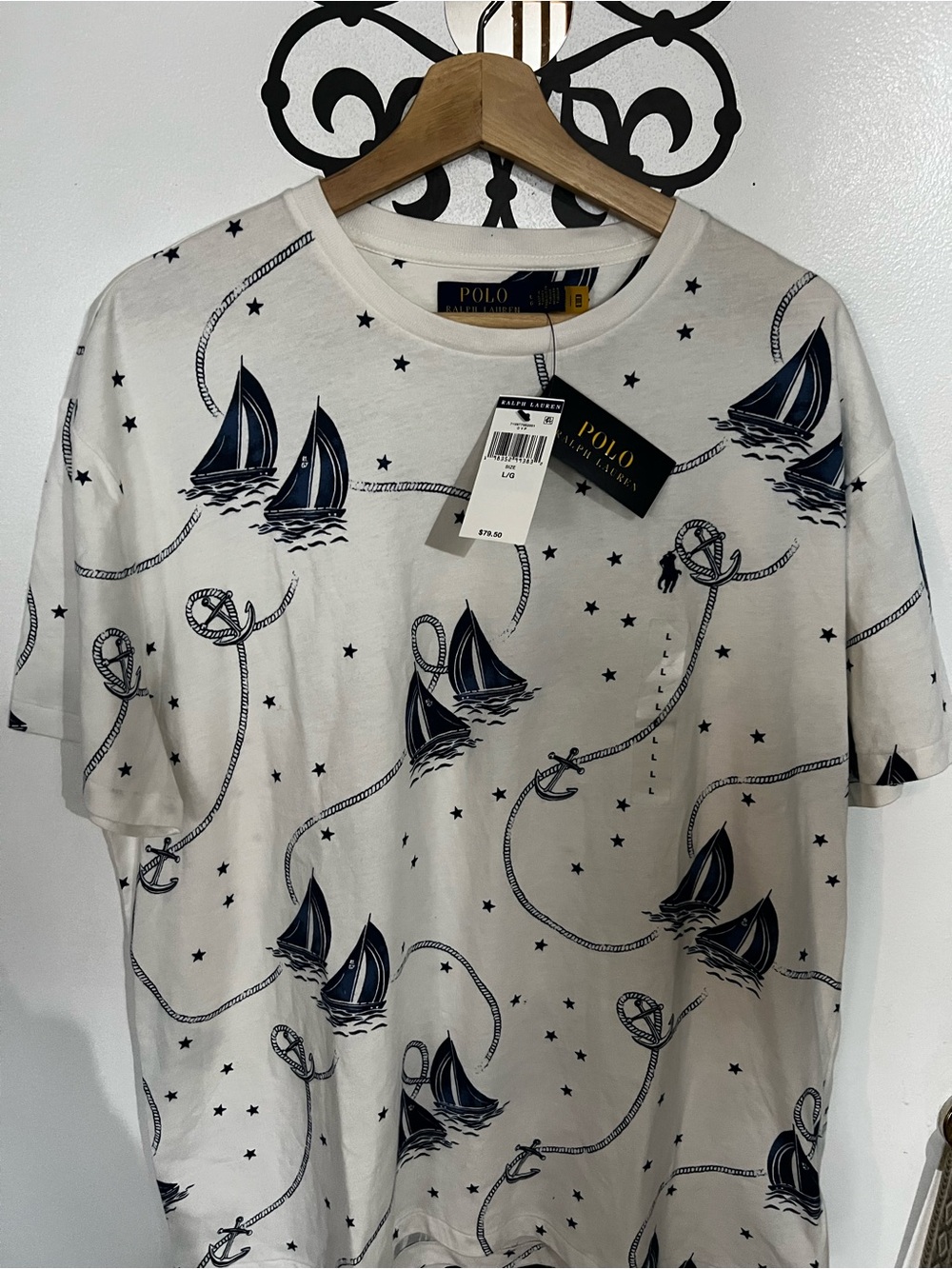 Ralph Lauren White Short-Sleeve Tee with Navy Sailboat Print